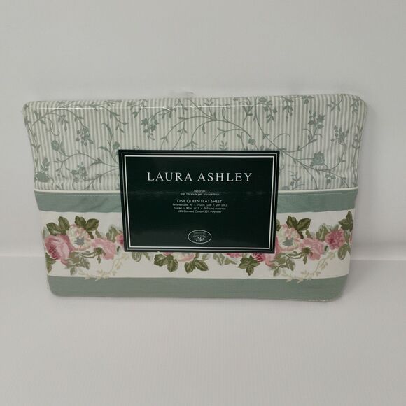 Laura Ashley Other - Vintage Laura Ashley Cottage Rose Queen Flat Sheet Floral Pink Green - See Note